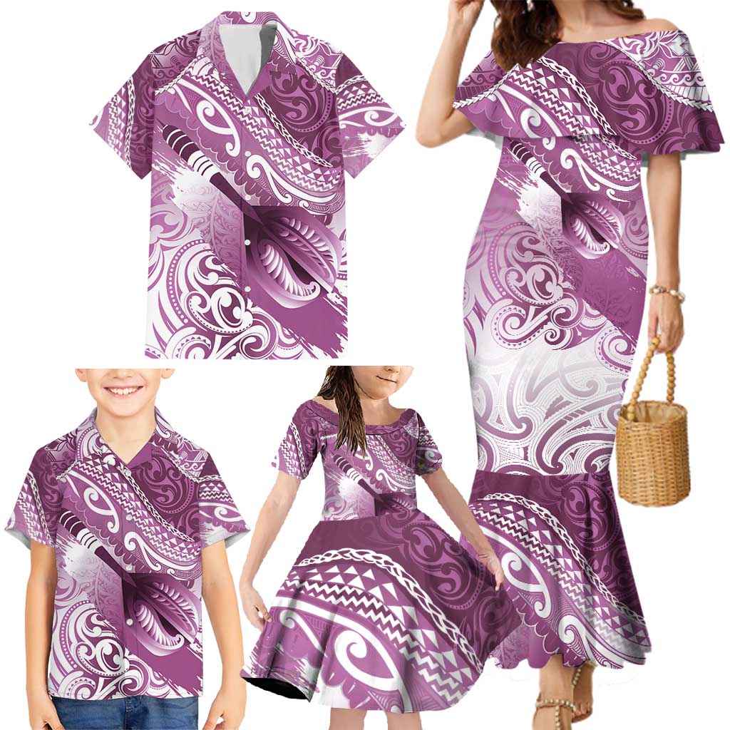 Personalised New Zealand Aotearoa Darts Masters Family Matching Mermaid Dress and Hawaiian Shirt Maori Art Tattoo with Tribal Dart Symbol Pink - Polynesian Pride