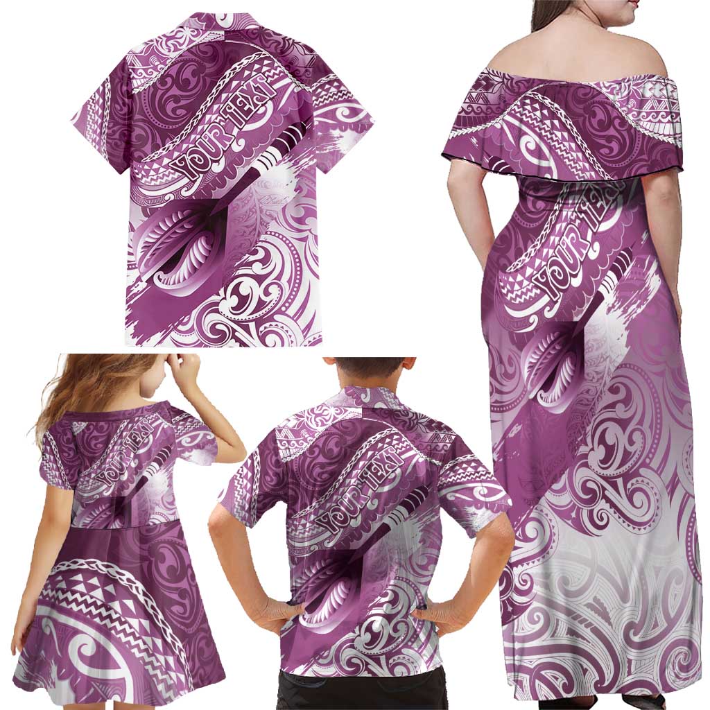 Personalised New Zealand Aotearoa Darts Masters Family Matching Off Shoulder Maxi Dress and Hawaiian Shirt Maori Art Tattoo with Tribal Dart Symbol Pink - Polynesian Pride