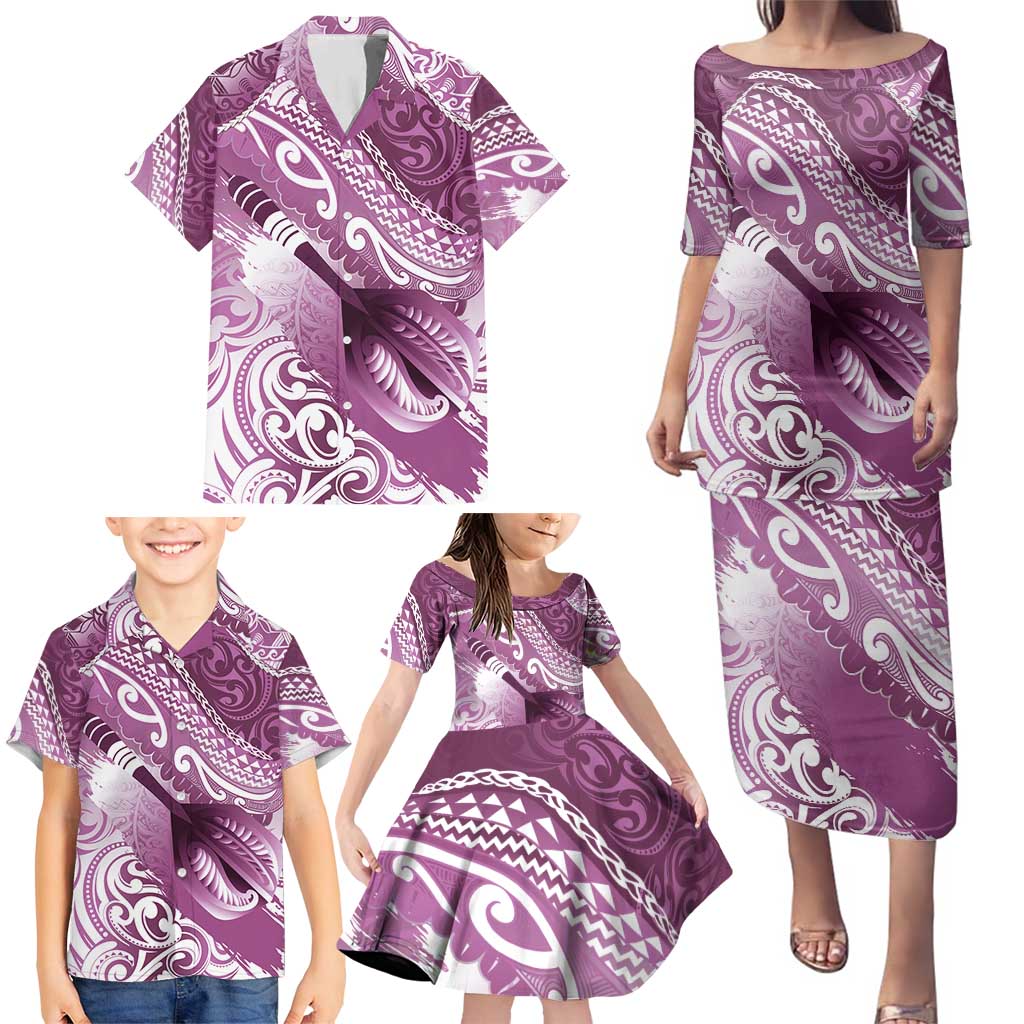 Personalised New Zealand Aotearoa Darts Masters Family Matching Puletasi and Hawaiian Shirt Maori Art Tattoo with Tribal Dart Symbol Pink - Polynesian Pride