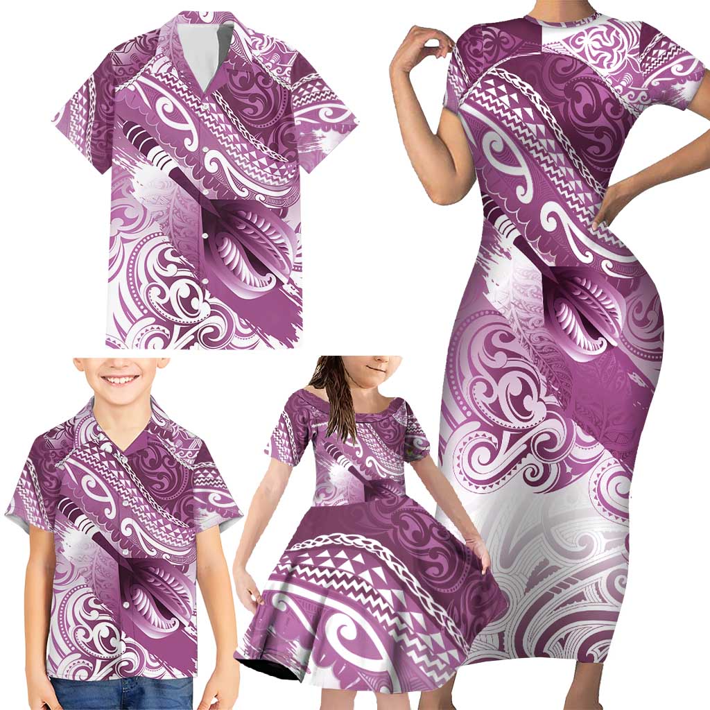 Personalised New Zealand Aotearoa Darts Masters Family Matching Short Sleeve Bodycon Dress and Hawaiian Shirt Maori Art Tattoo with Tribal Dart Symbol Pink - Polynesian Pride