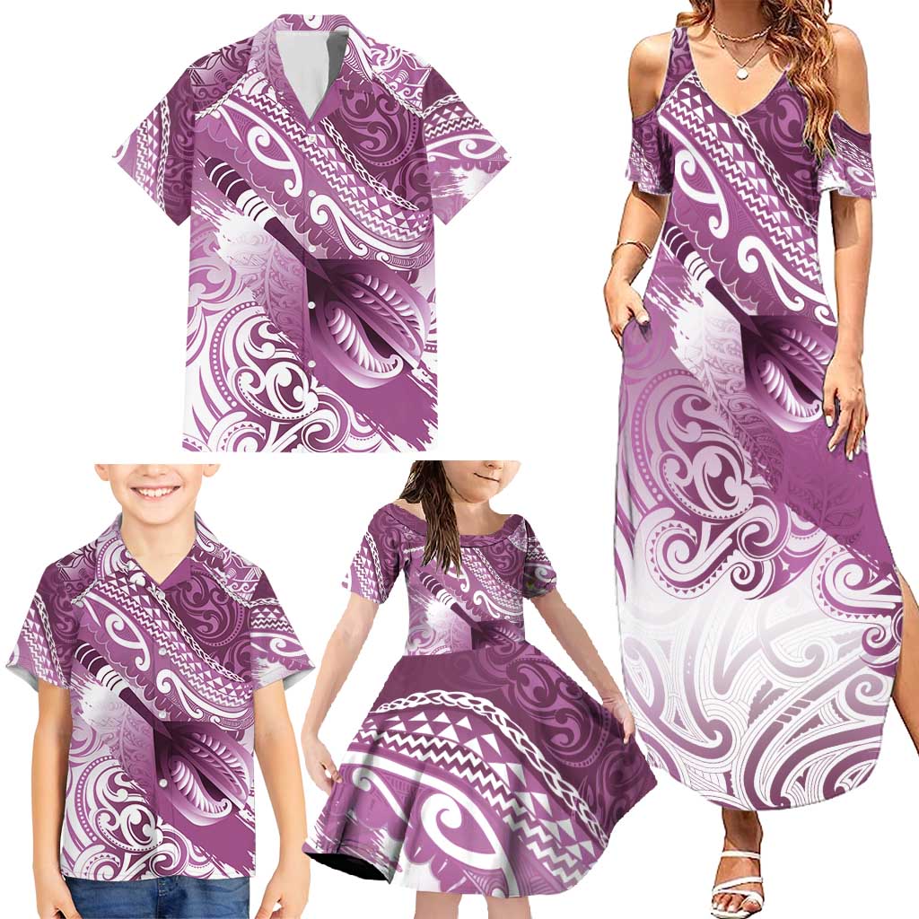 Personalised New Zealand Aotearoa Darts Masters Family Matching Summer Maxi Dress and Hawaiian Shirt Maori Art Tattoo with Tribal Dart Symbol Pink - Polynesian Pride