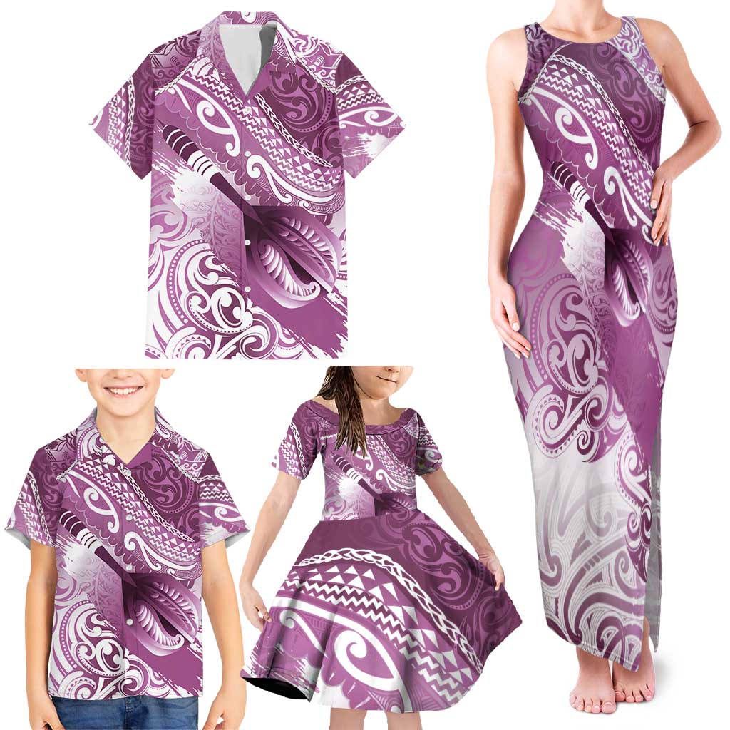 Personalised New Zealand Aotearoa Darts Masters Family Matching Tank Maxi Dress and Hawaiian Shirt Maori Art Tattoo with Tribal Dart Symbol Pink - Polynesian Pride