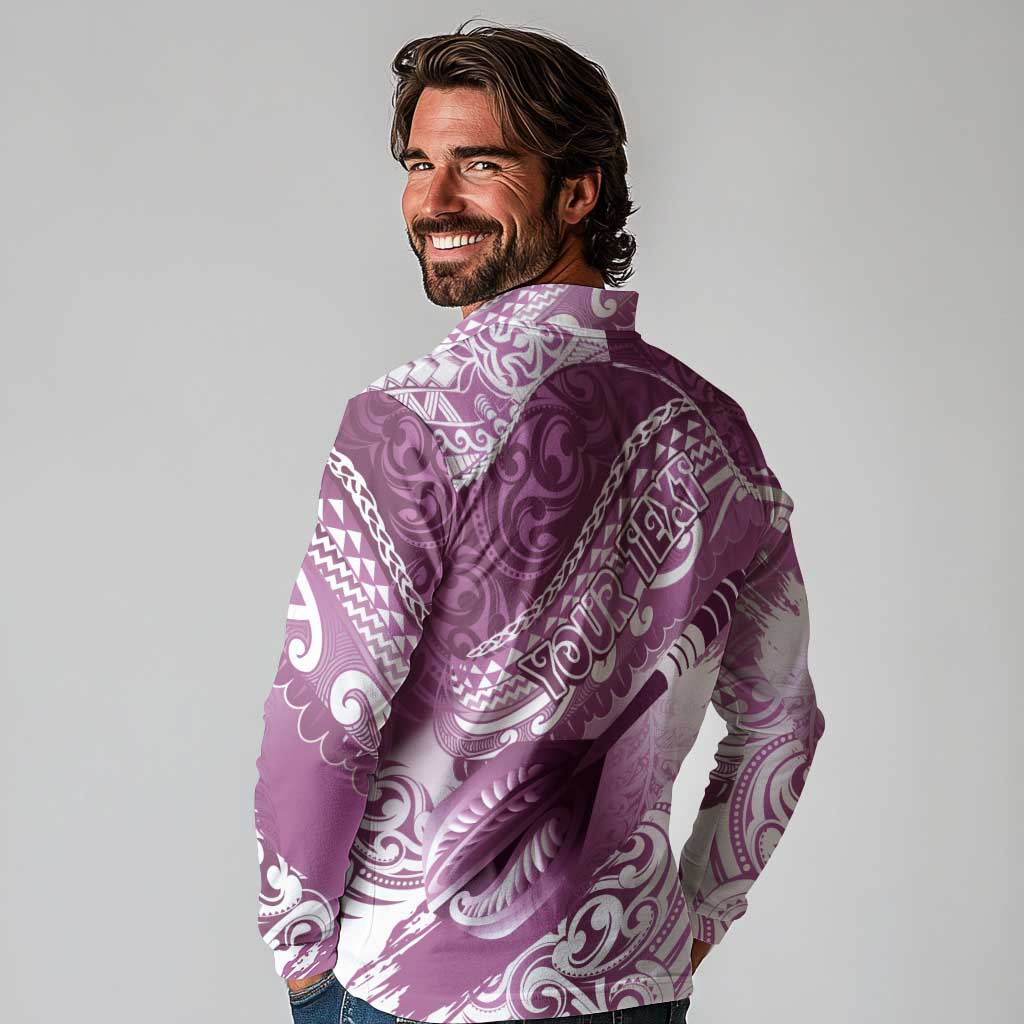 Personalised New Zealand Aotearoa Darts Masters Long Sleeve Polo Shirt Maori Art Tattoo with Tribal Dart Symbol Pink - Polynesian Pride