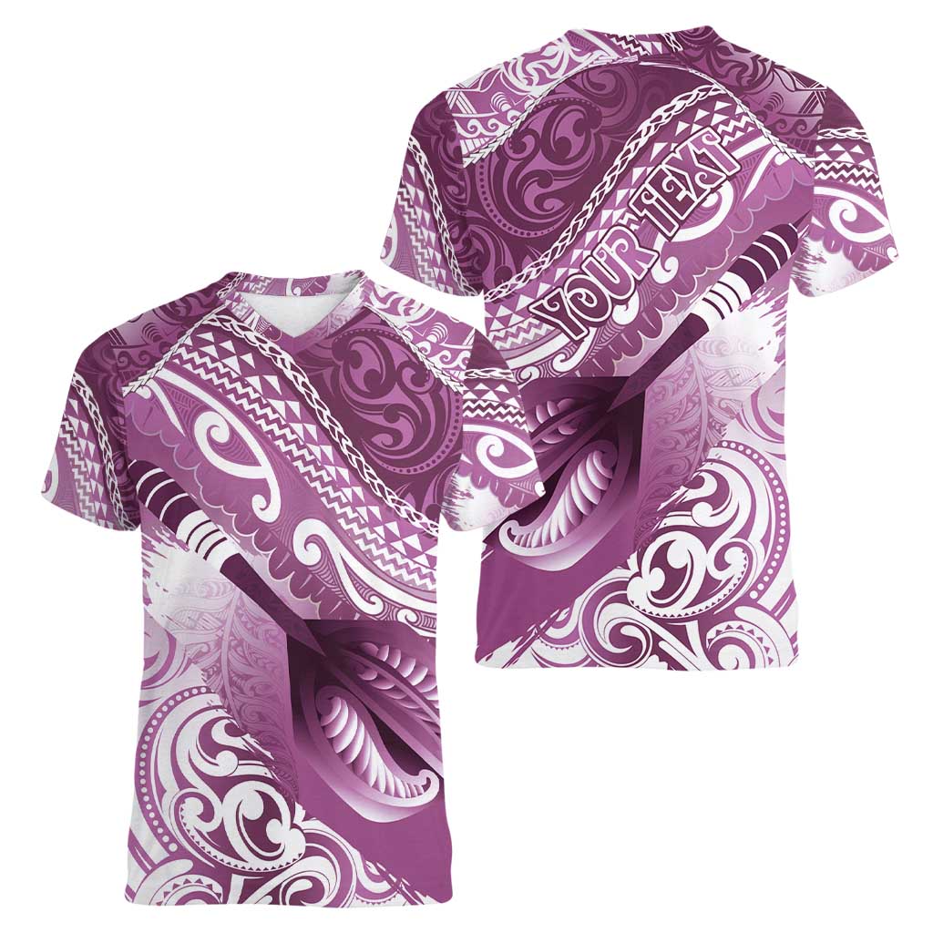 Personalised New Zealand Aotearoa Darts Masters Women V-Neck T-Shirt Maori Art Tattoo with Tribal Dart Symbol Pink - Polynesian Pride