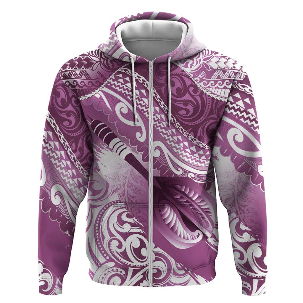 Personalised New Zealand Aotearoa Darts Masters Zip Hoodie Maori Art Tattoo with Tribal Dart Symbol Pink - Polynesian Pride