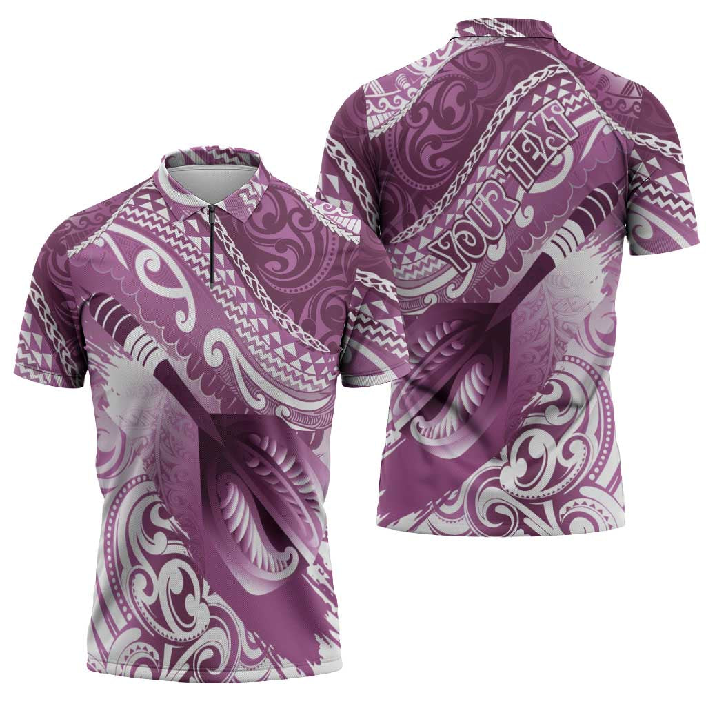 Personalised New Zealand Aotearoa Darts Masters Zipper Polo Shirt Maori Art Tattoo with Tribal Dart Symbol Pink - Polynesian Pride