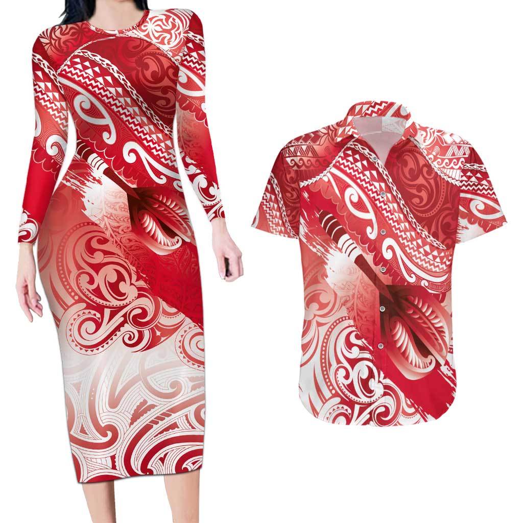 Personalised New Zealand Aotearoa Darts Masters Couples Matching Long Sleeve Bodycon Dress and Hawaiian Shirt Maori Art Tattoo with Tribal Dart Symbol Red - Polynesian Pride