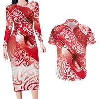 Personalised New Zealand Aotearoa Darts Masters Couples Matching Long Sleeve Bodycon Dress and Hawaiian Shirt Maori Art Tattoo with Tribal Dart Symbol Red - Polynesian Pride