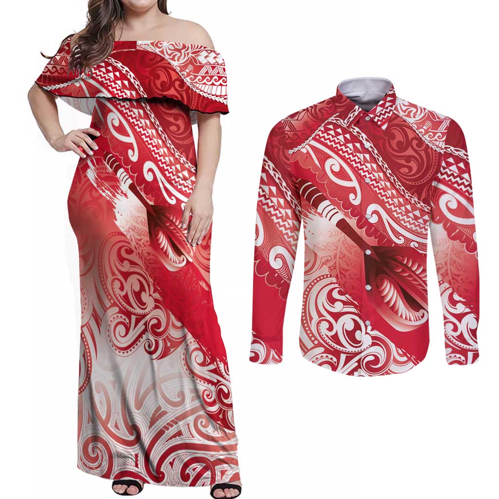 Personalised New Zealand Aotearoa Darts Masters Couples Matching Off Shoulder Maxi Dress and Long Sleeve Button Shirt Maori Art Tattoo with Tribal Dart Symbol Red - Polynesian Pride