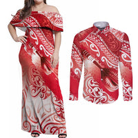 Personalised New Zealand Aotearoa Darts Masters Couples Matching Off Shoulder Maxi Dress and Long Sleeve Button Shirt Maori Art Tattoo with Tribal Dart Symbol Red - Polynesian Pride