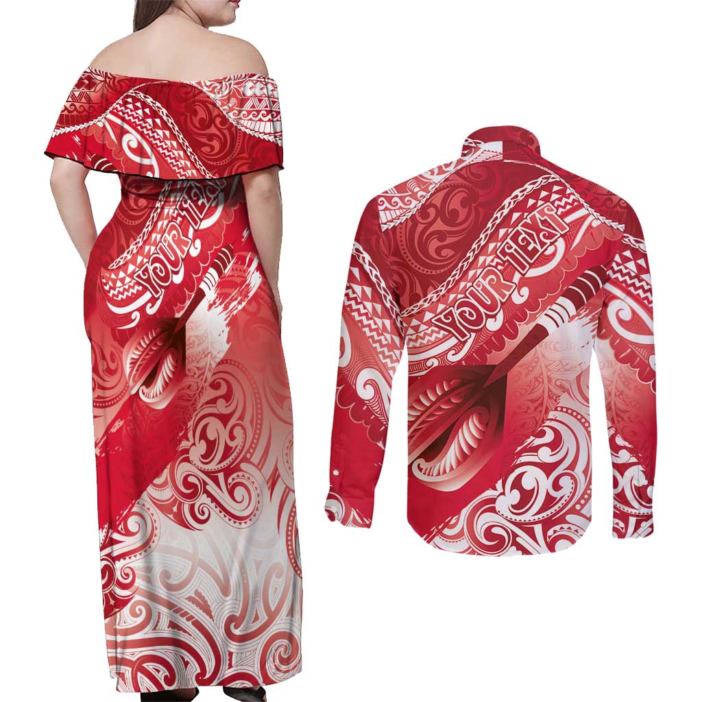 Personalised New Zealand Aotearoa Darts Masters Couples Matching Off Shoulder Maxi Dress and Long Sleeve Button Shirt Maori Art Tattoo with Tribal Dart Symbol Red - Polynesian Pride
