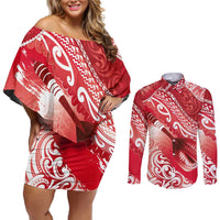 Personalised New Zealand Aotearoa Darts Masters Couples Matching Off Shoulder Short Dress and Long Sleeve Button Shirt Maori Art Tattoo with Tribal Dart Symbol Red - Polynesian Pride