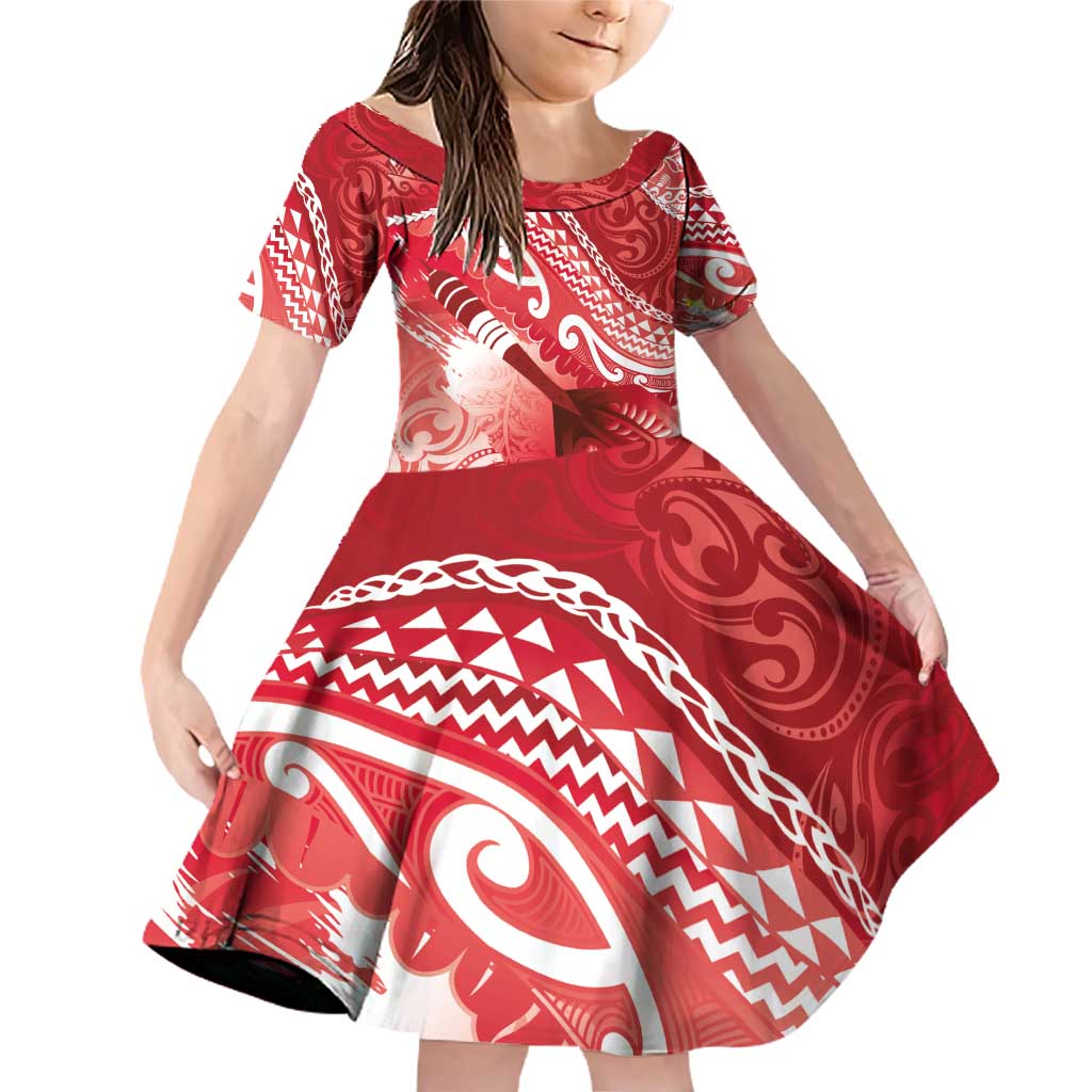 Personalised New Zealand Aotearoa Darts Masters Family Matching Off Shoulder Short Dress and Hawaiian Shirt Maori Art Tattoo with Tribal Dart Symbol Red - Polynesian Pride