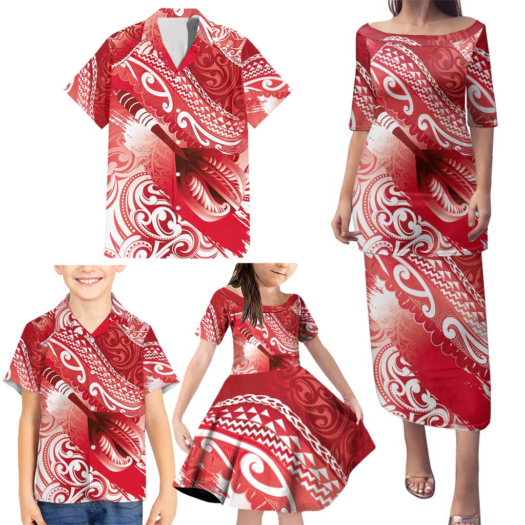 Personalised New Zealand Aotearoa Darts Masters Family Matching Puletasi and Hawaiian Shirt Maori Art Tattoo with Tribal Dart Symbol Red - Polynesian Pride