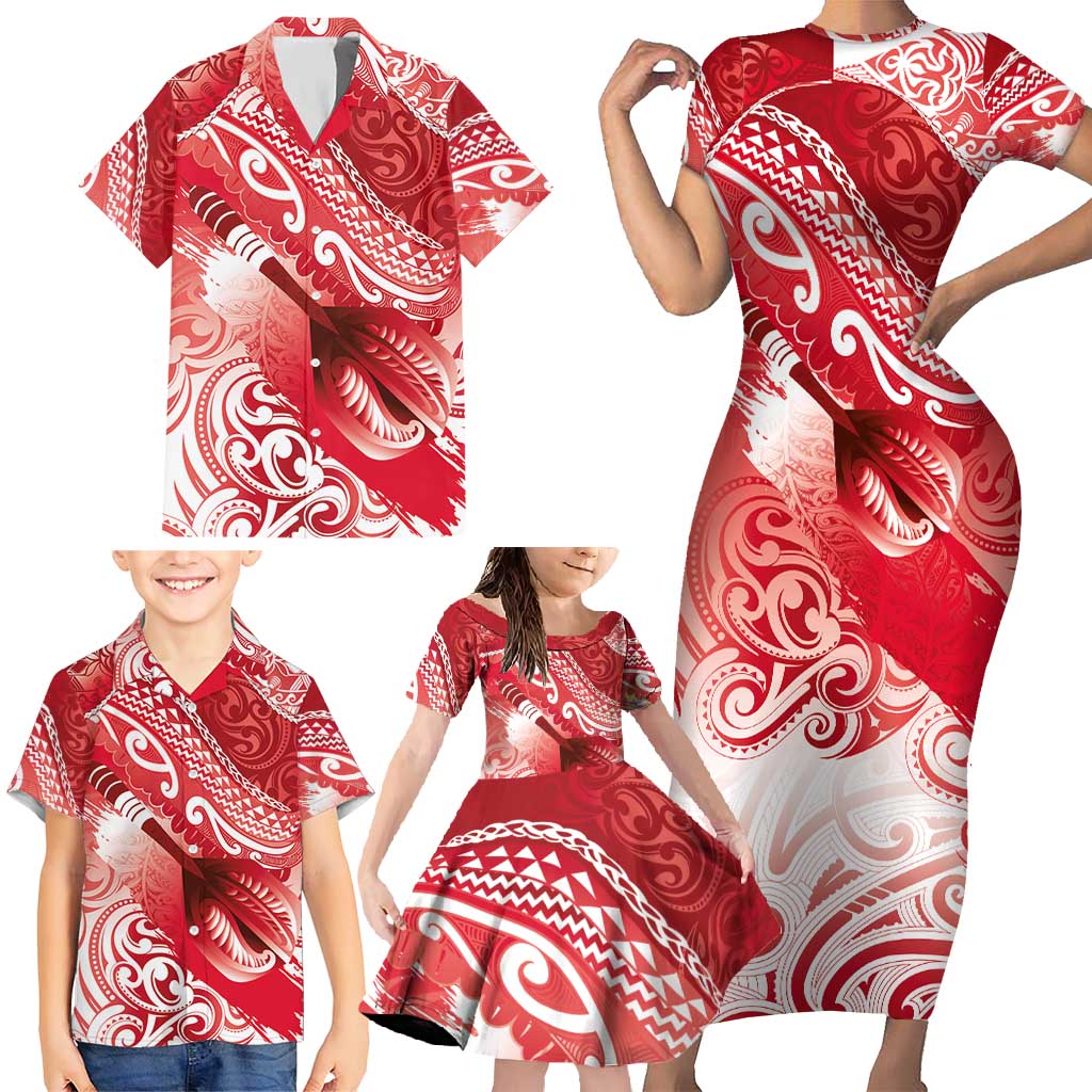 Personalised New Zealand Aotearoa Darts Masters Family Matching Short Sleeve Bodycon Dress and Hawaiian Shirt Maori Art Tattoo with Tribal Dart Symbol Red - Polynesian Pride