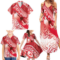 Personalised New Zealand Aotearoa Darts Masters Family Matching Summer Maxi Dress and Hawaiian Shirt Maori Art Tattoo with Tribal Dart Symbol Red - Polynesian Pride