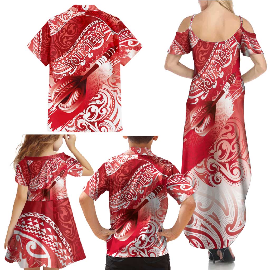 Personalised New Zealand Aotearoa Darts Masters Family Matching Summer Maxi Dress and Hawaiian Shirt Maori Art Tattoo with Tribal Dart Symbol Red - Polynesian Pride