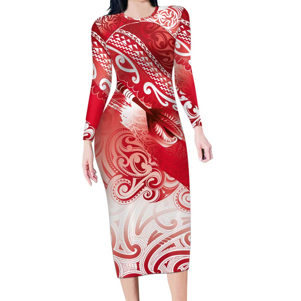 Personalised New Zealand Aotearoa Darts Masters Long Sleeve Bodycon Dress Maori Art Tattoo with Tribal Dart Symbol Red LT03 Long Dress Red - Polynesian Pride
