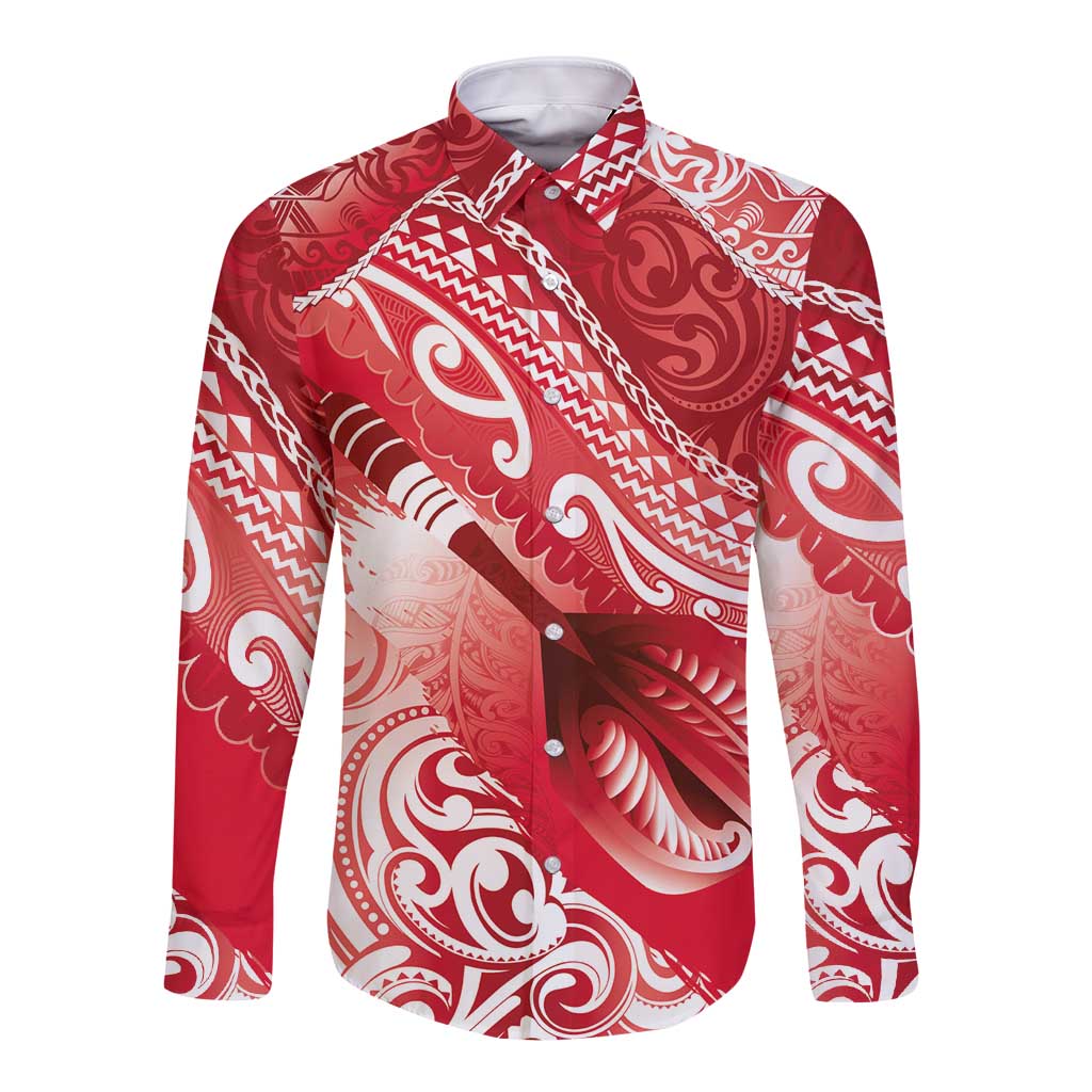 Personalised New Zealand Aotearoa Darts Masters Long Sleeve Button Shirt Maori Art Tattoo with Tribal Dart Symbol Red - Polynesian Pride