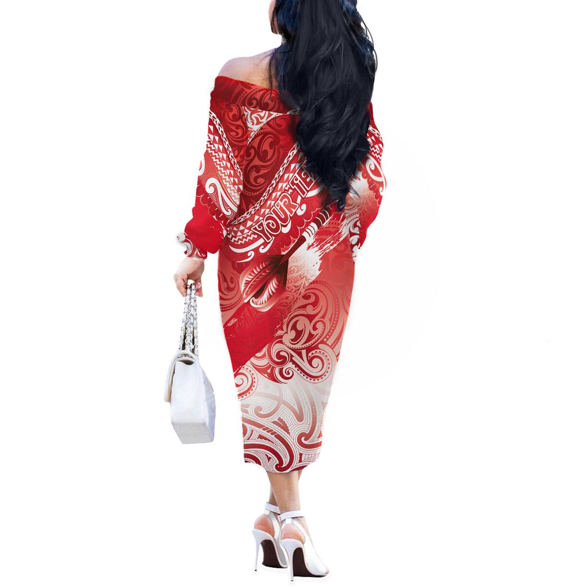 Personalised New Zealand Aotearoa Darts Masters Off The Shoulder Long Sleeve Dress Maori Art Tattoo with Tribal Dart Symbol Red - Polynesian Pride