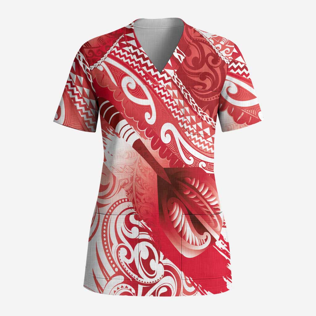 Personalised New Zealand Aotearoa Darts Masters Scrub Top Maori Art Tattoo with Tribal Dart Symbol Red - Polynesian Pride
