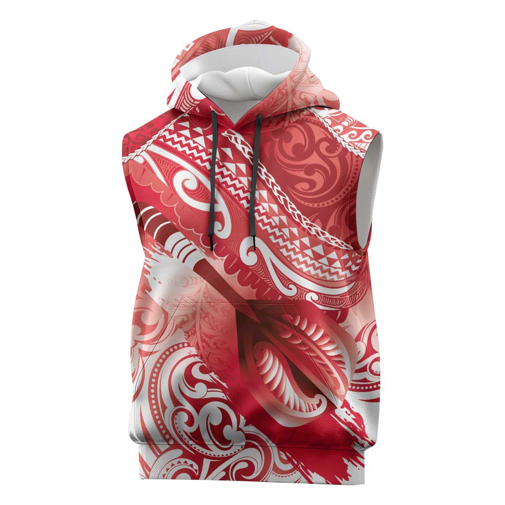 Personalised New Zealand Aotearoa Darts Masters Sleeveless Hoodie Maori Art Tattoo with Tribal Dart Symbol Red - Polynesian Pride