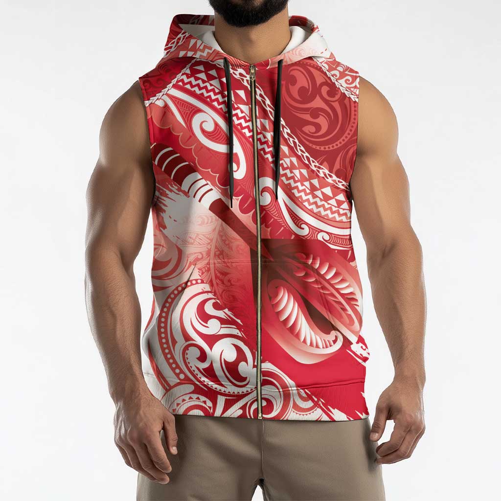 Personalised New Zealand Aotearoa Darts Masters Sleeveless Zip Hoodie Maori Art Tattoo with Tribal Dart Symbol Red - Polynesian Pride