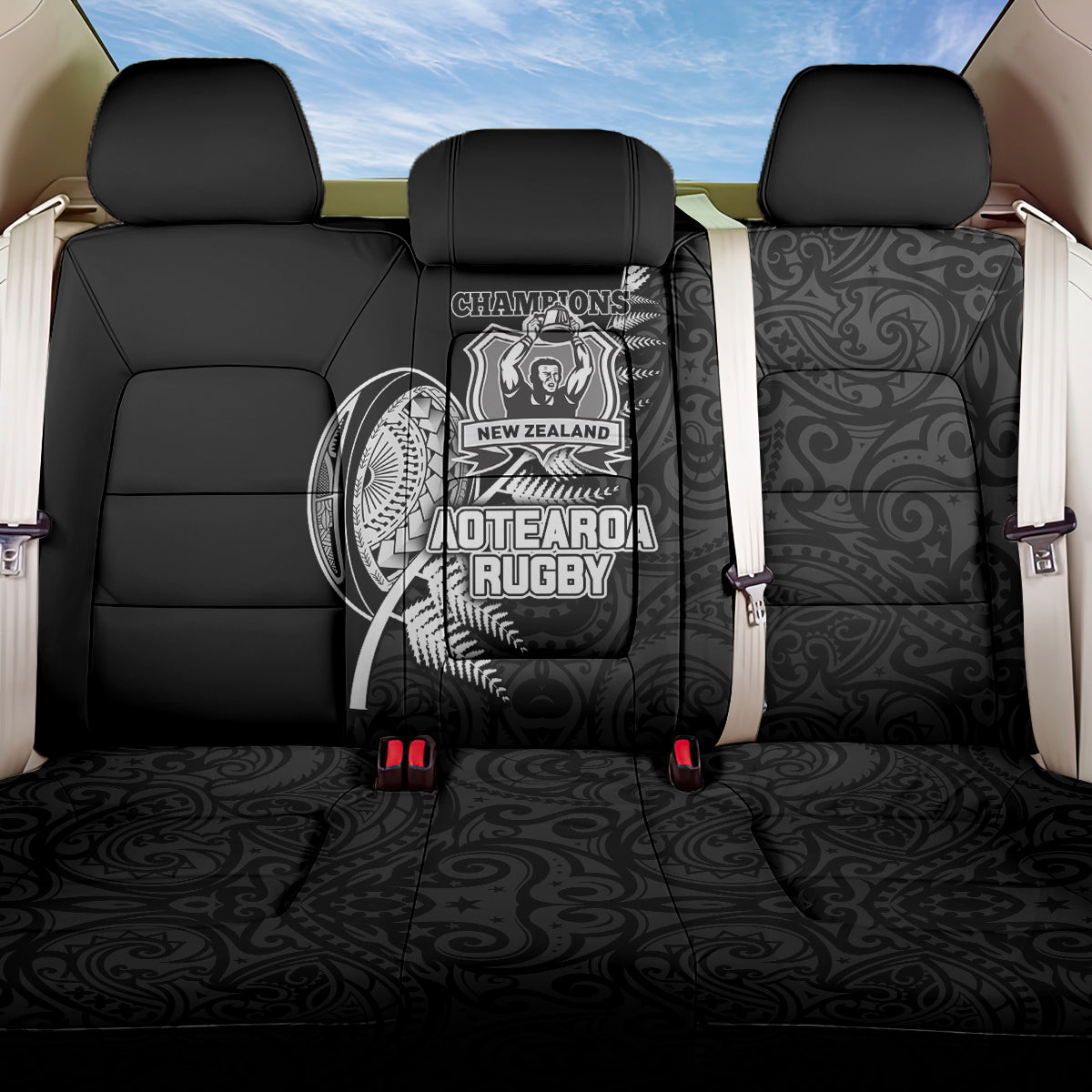 New Zealand World Cup 2023 Back Car Seat Cover Aotearoa Champion Rugby with Silver Fern Maori Ethnic Pattern