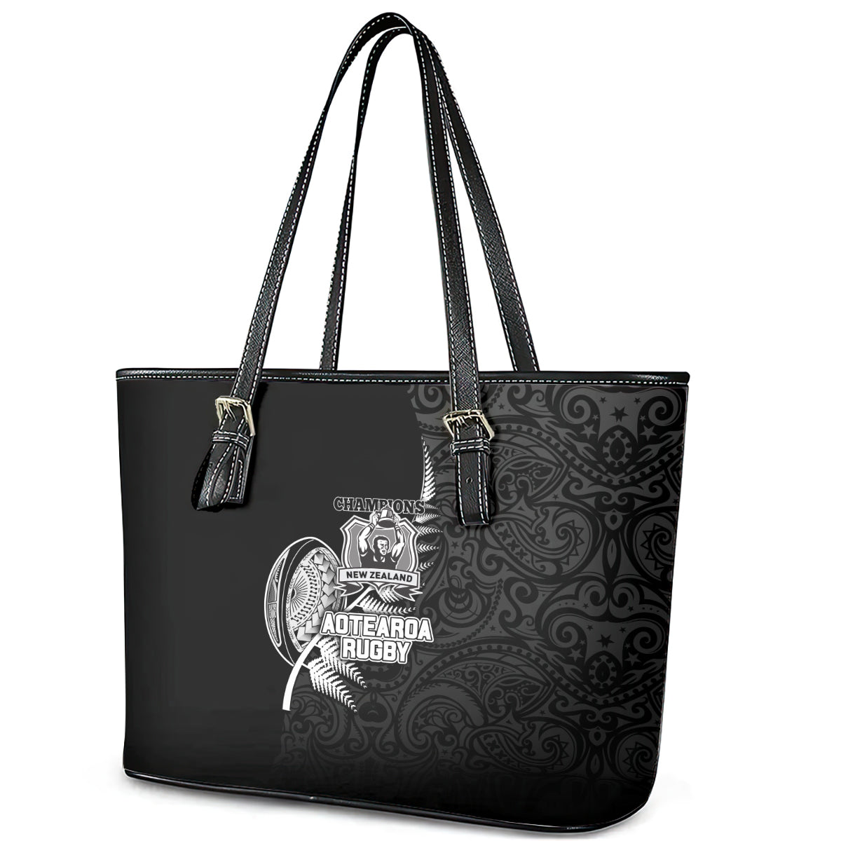New Zealand World Cup 2023 Leather Tote Bag Aotearoa Champion Rugby with Silver Fern Maori Ethnic Pattern LT03 - Polynesian Pride