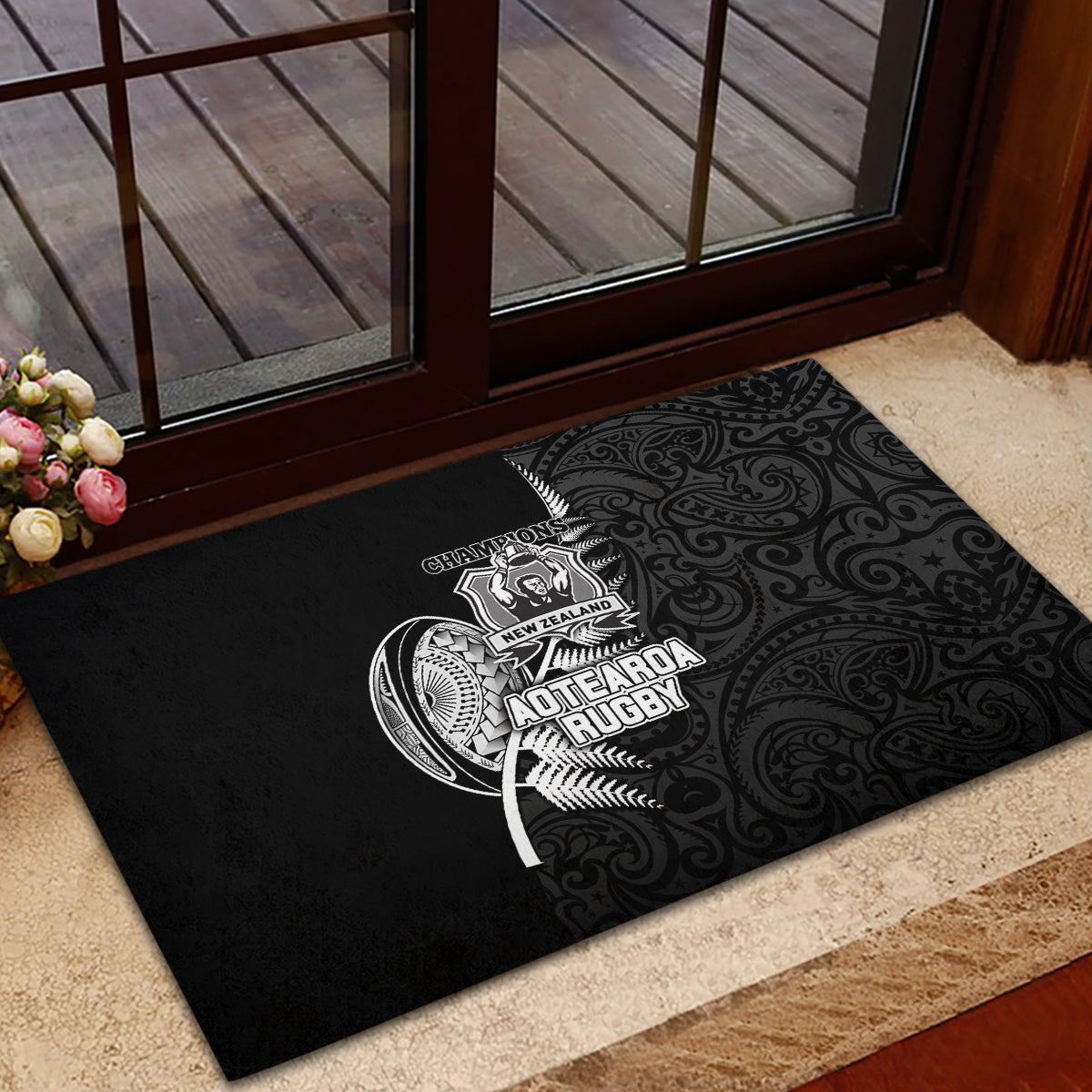 New Zealand World Cup 2023 Rubber Doormat Aotearoa Champion Rugby with Silver Fern Maori Ethnic Pattern LT03 - Polynesian Pride