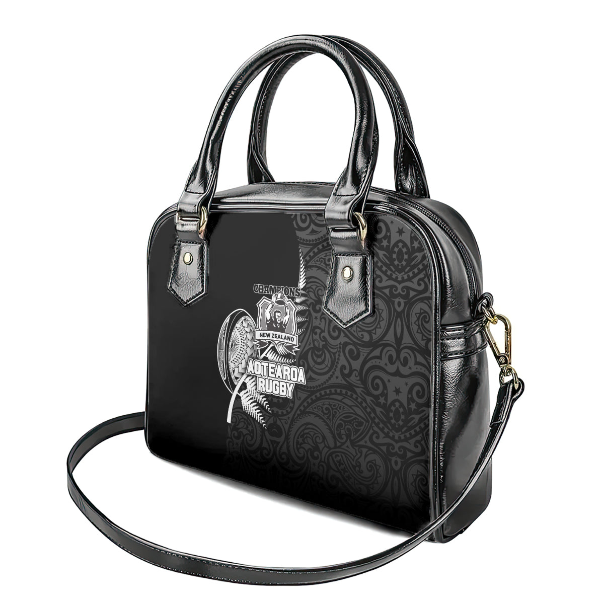 New Zealand World Cup 2023 Shoulder Handbag Aotearoa Champion Rugby with Silver Fern Maori Ethnic Pattern LT03 - Polynesian Pride