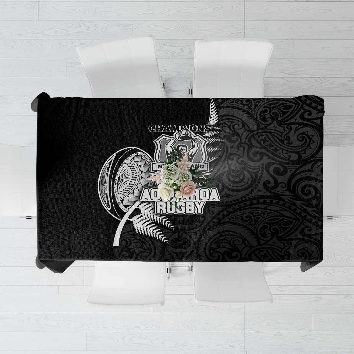 New Zealand World Cup 2023 Tablecloth Aotearoa Champion Rugby with Silver Fern Maori Ethnic Pattern LT03 Black - Polynesian Pride