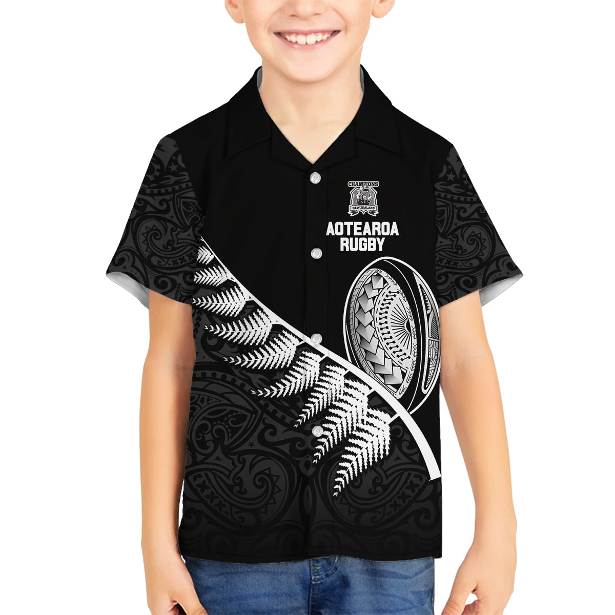 Custom New Zealand World Cup 2023 Family Matching Off Shoulder Short Dress and Hawaiian Shirt Aotearoa Champion Rugby with Silver Fern Maori Ethnic Pattern LT03 Son's Shirt Black - Polynesian Pride