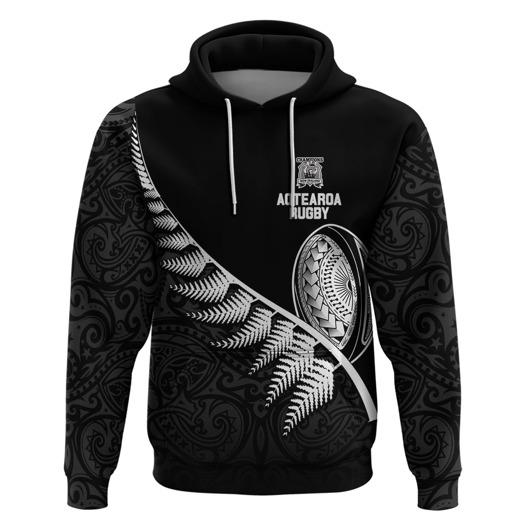 Custom New Zealand World Cup 2023 Hoodie Aotearoa Champion Rugby with Silver Fern Maori Ethnic Pattern LT03 Pullover Hoodie Black - Polynesian Pride