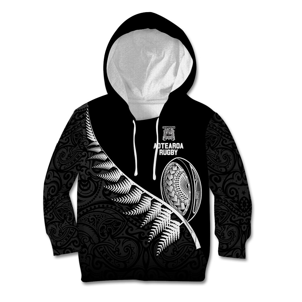 Custom New Zealand World Cup 2023 Kid Hoodie Aotearoa Champion Rugby with Silver Fern Maori Ethnic Pattern LT03 Black - Polynesian Pride