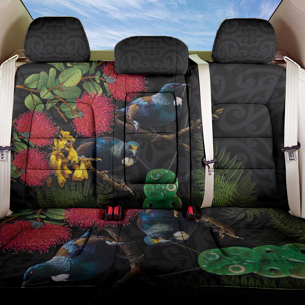 New Zealand Tui Back Car Seat Cover Guardians of the Hei Tiki - Maori Art and Plants