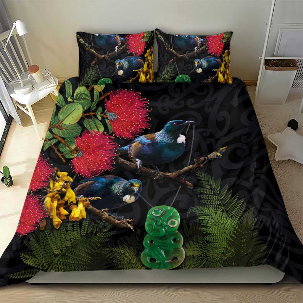 New Zealand Tui Bedding Set Guardians of the Hei Tiki - Maori Art and Plants
