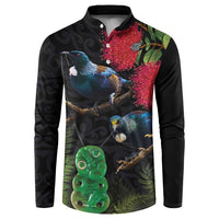 New Zealand Tui Button Sweatshirt Guardians of the Hei Tiki - Maori Art and Plants