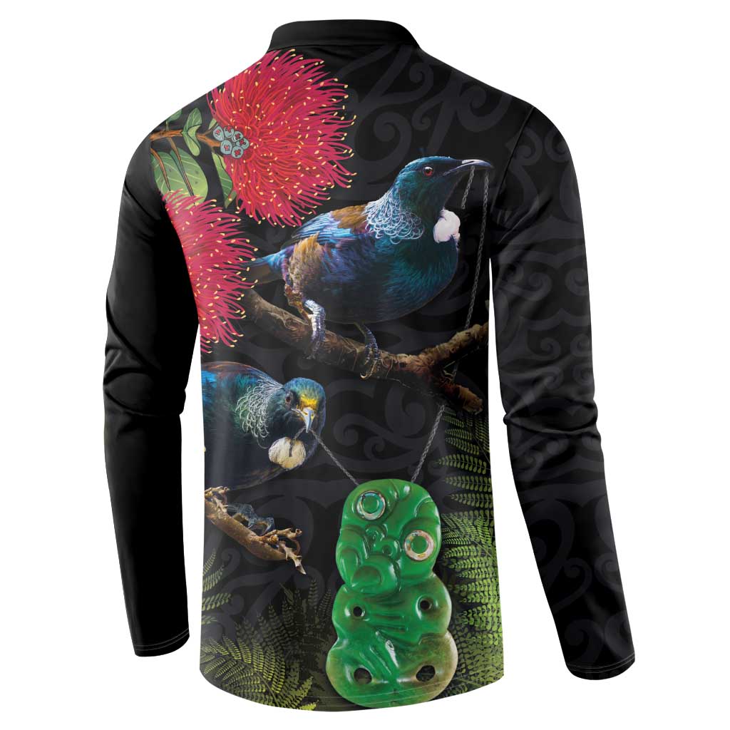 New Zealand Tui Button Sweatshirt Guardians of the Hei Tiki - Maori Art and Plants