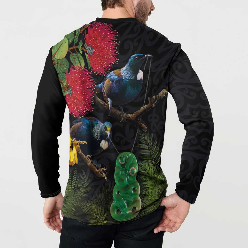 New Zealand Tui Button Sweatshirt Guardians of the Hei Tiki - Maori Art and Plants
