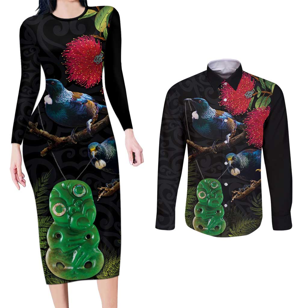 New Zealand Tui Couples Matching Long Sleeve Bodycon Dress and Long Sleeve Button Shirt Guardians of the Hei Tiki - Maori Art and Plants