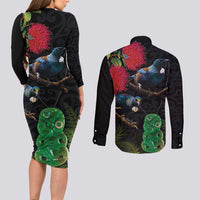 New Zealand Tui Couples Matching Long Sleeve Bodycon Dress and Long Sleeve Button Shirt Guardians of the Hei Tiki - Maori Art and Plants