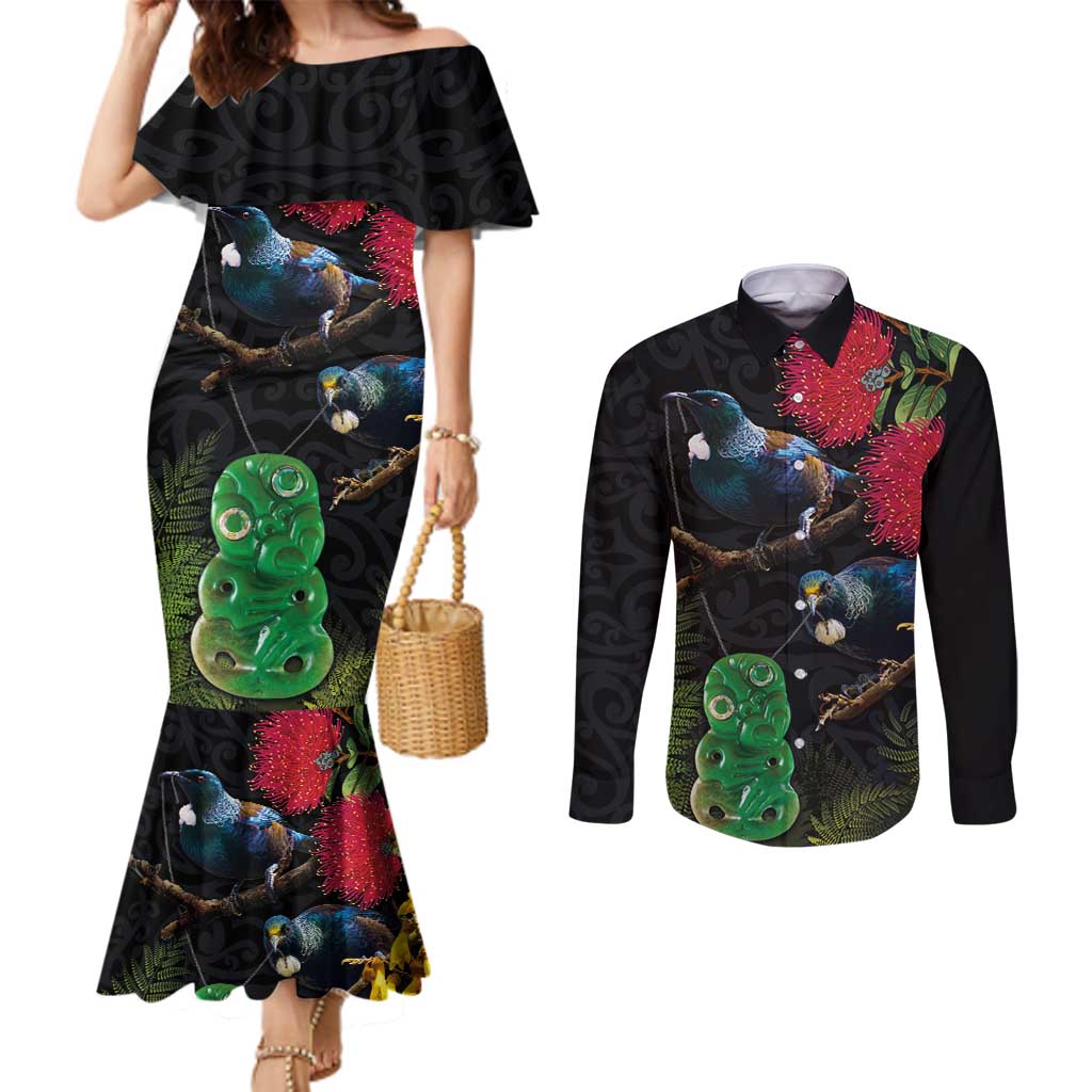 New Zealand Tui Couples Matching Mermaid Dress and Long Sleeve Button Shirt Guardians of the Hei Tiki - Maori Art and Plants