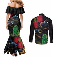 New Zealand Tui Couples Matching Mermaid Dress and Long Sleeve Button Shirt Guardians of the Hei Tiki - Maori Art and Plants