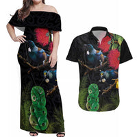 New Zealand Tui Couples Matching Off Shoulder Maxi Dress and Hawaiian Shirt Guardians of the Hei Tiki - Maori Art and Plants LT03 Black - Polynesian Pride