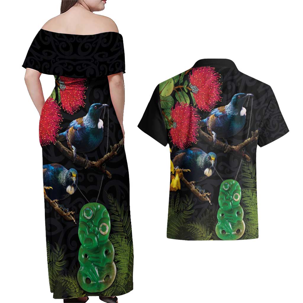 New Zealand Tui Couples Matching Off Shoulder Maxi Dress and Hawaiian Shirt Guardians of the Hei Tiki - Maori Art and Plants LT03 - Polynesian Pride