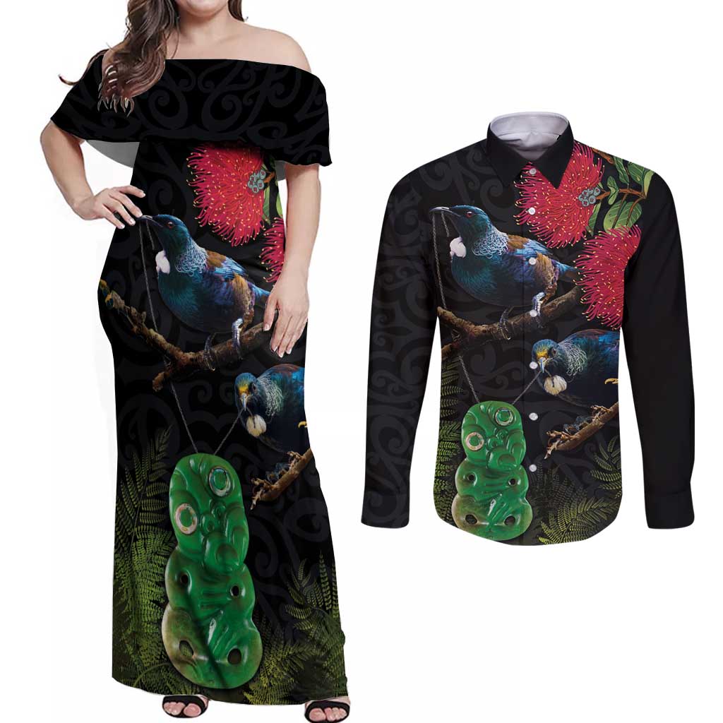 New Zealand Tui Couples Matching Off Shoulder Maxi Dress and Long Sleeve Button Shirt Guardians of the Hei Tiki - Maori Art and Plants