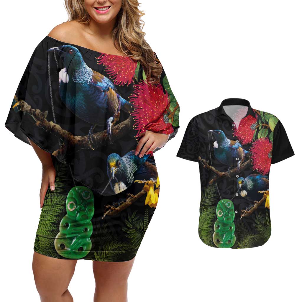 New Zealand Tui Couples Matching Off Shoulder Short Dress and Hawaiian Shirt Guardians of the Hei Tiki - Maori Art and Plants