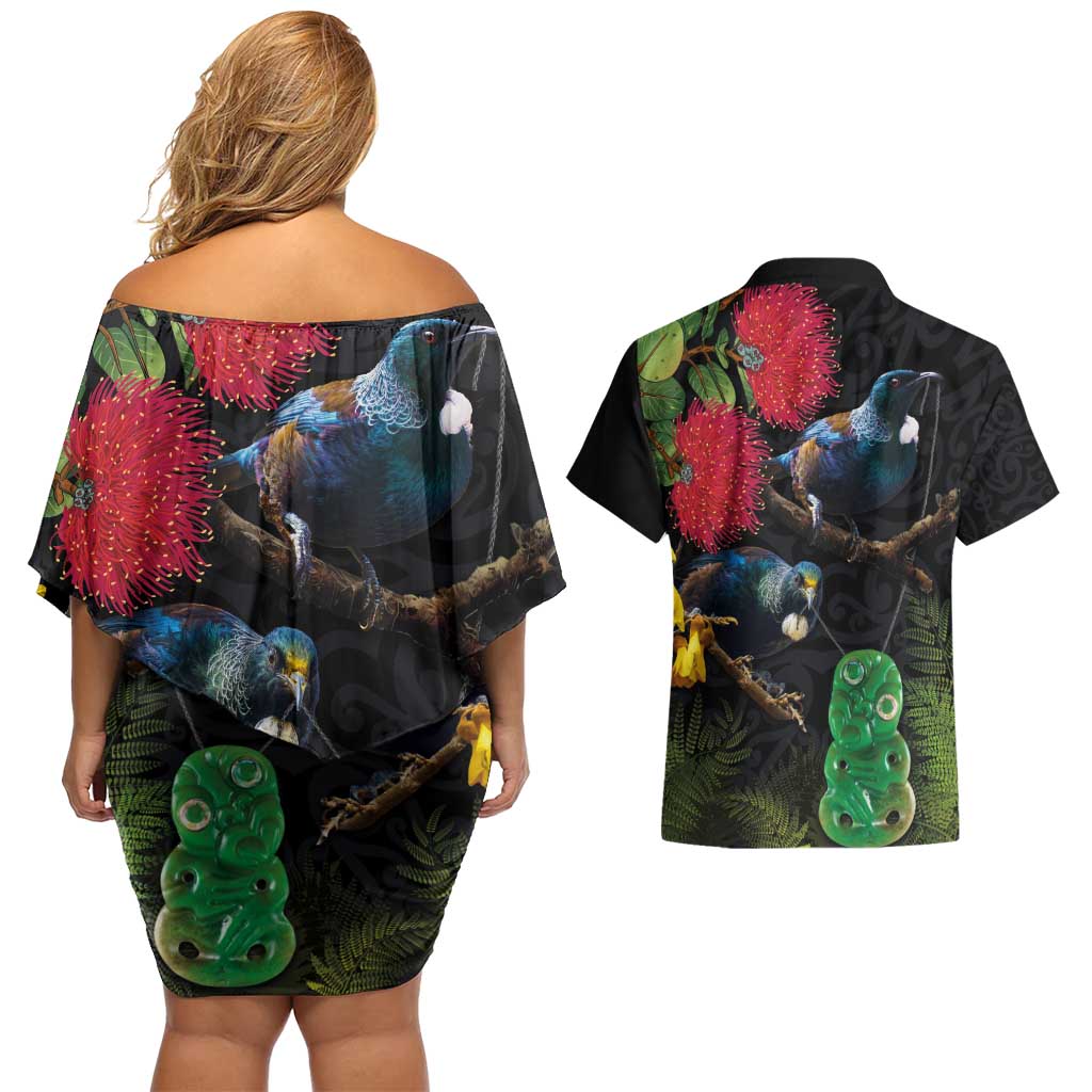 New Zealand Tui Couples Matching Off Shoulder Short Dress and Hawaiian Shirt Guardians of the Hei Tiki - Maori Art and Plants