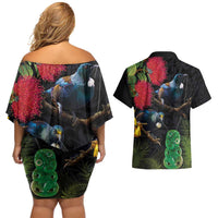 New Zealand Tui Couples Matching Off Shoulder Short Dress and Hawaiian Shirt Guardians of the Hei Tiki - Maori Art and Plants